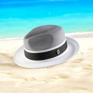 MONTIQUE MEN'S WHITE/ BLACK TWO-TONE PINCH HAT WIDE BRIM STRAW FEDORA HAT. H87